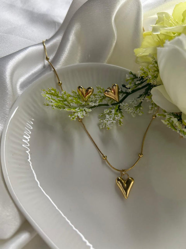 Golden Puffy Heart Necklace & Earrings Set