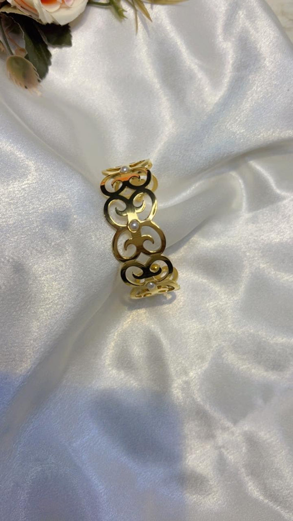 Golden Pearl Scroll Cuff Bracelet
