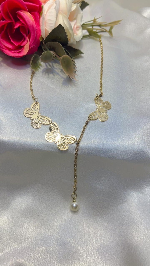 Golden Butterfly Pearl Drop Necklace