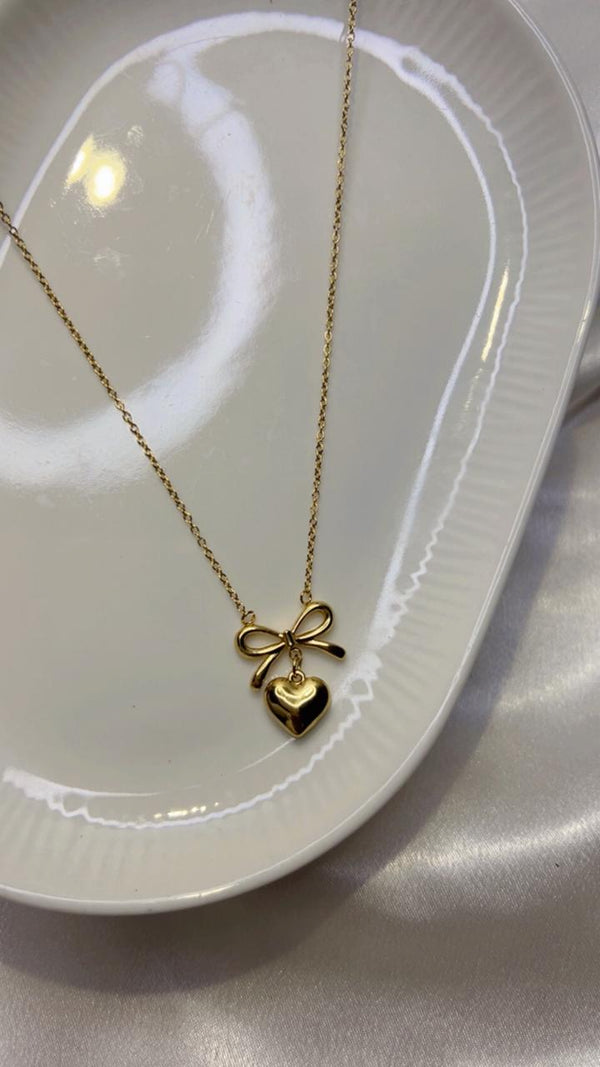 Anti-Tarnish Bow Heart Charm Necklace