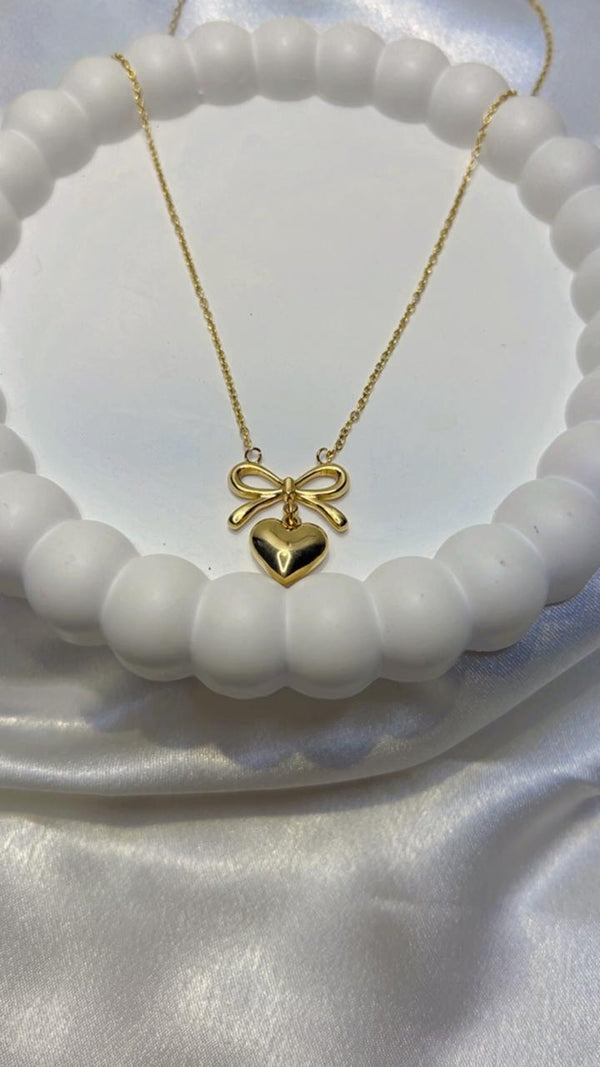 Anti-Tarnish Bow Heart Charm Necklace