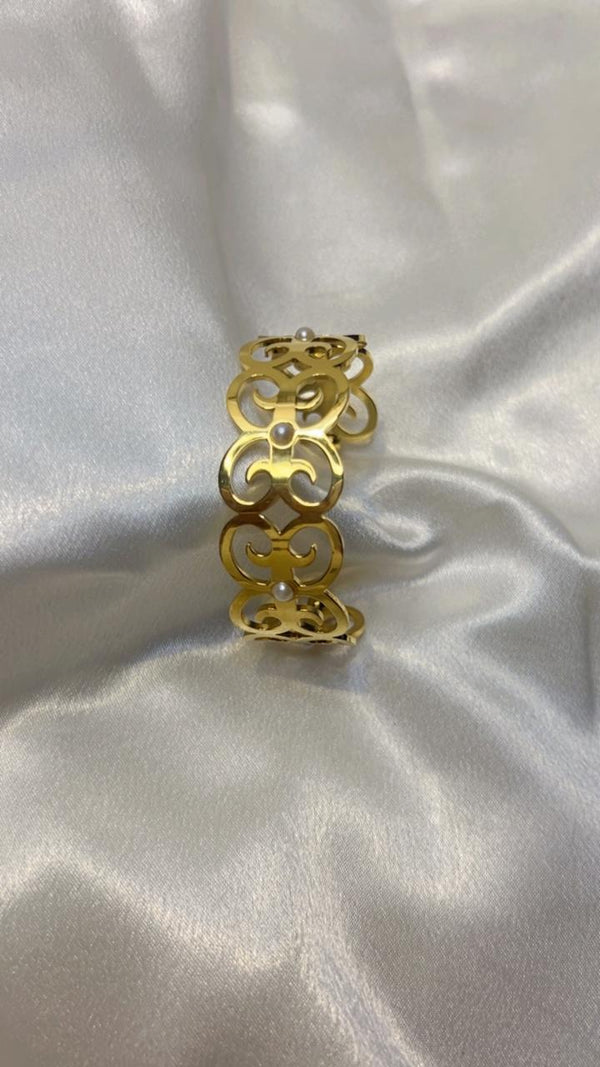 Golden Pearl Scroll Cuff Bracelet