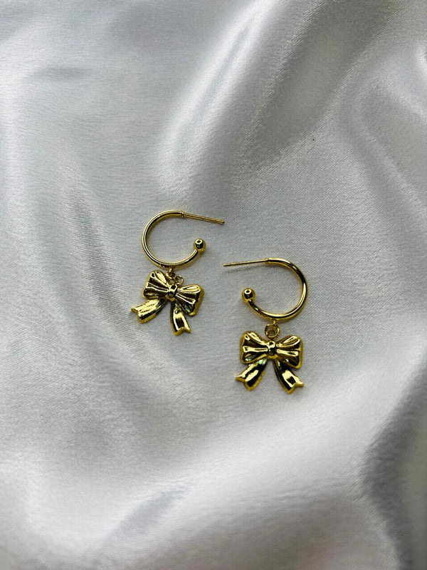 Gold Bow Dangle Hoops