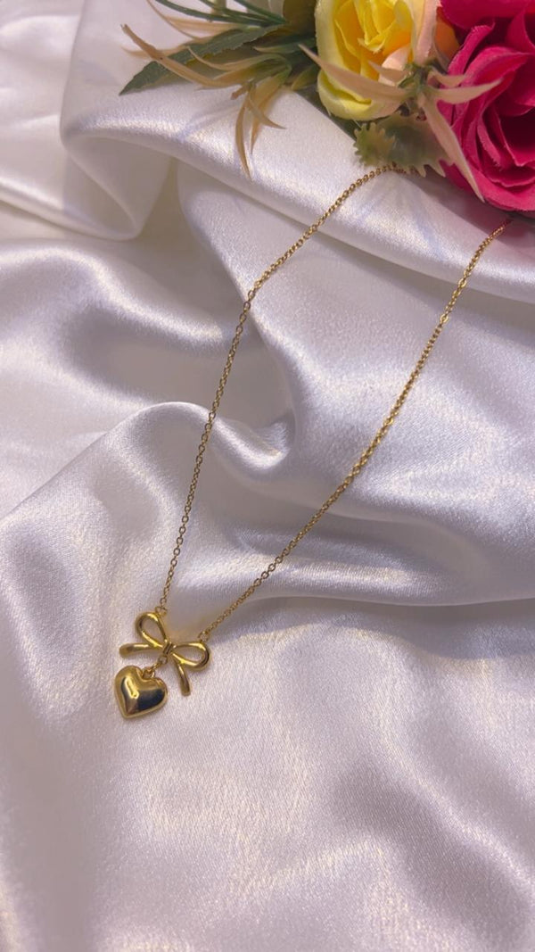 Anti-Tarnish Bow Heart Charm Necklace
