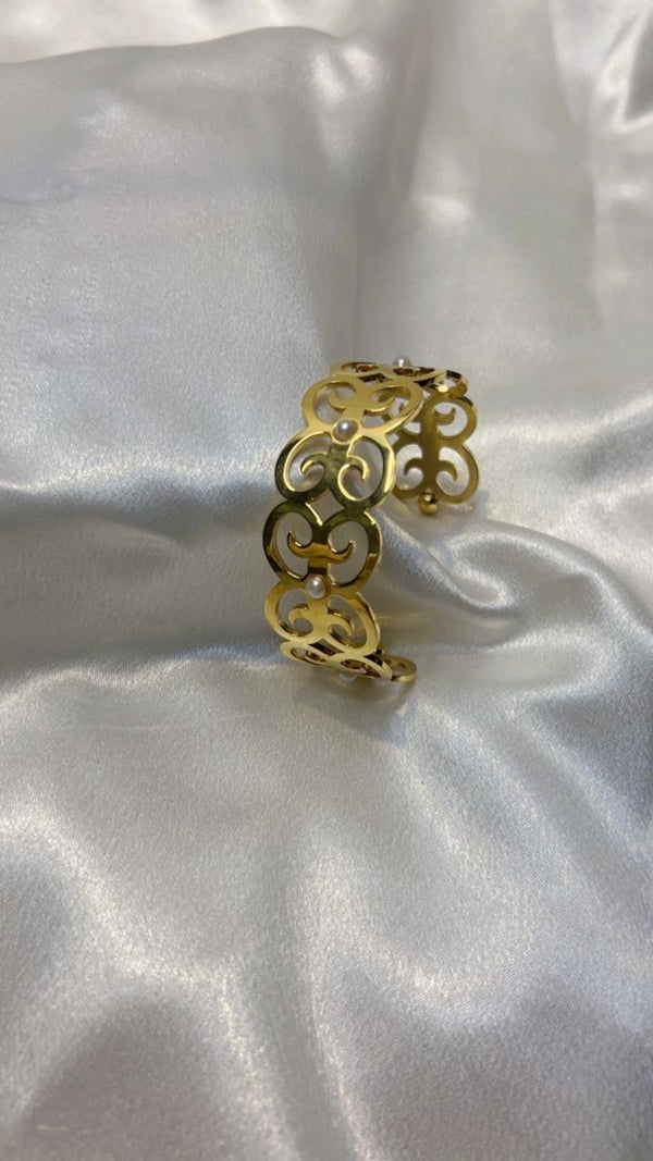 Golden Pearl Scroll Cuff Bracelet