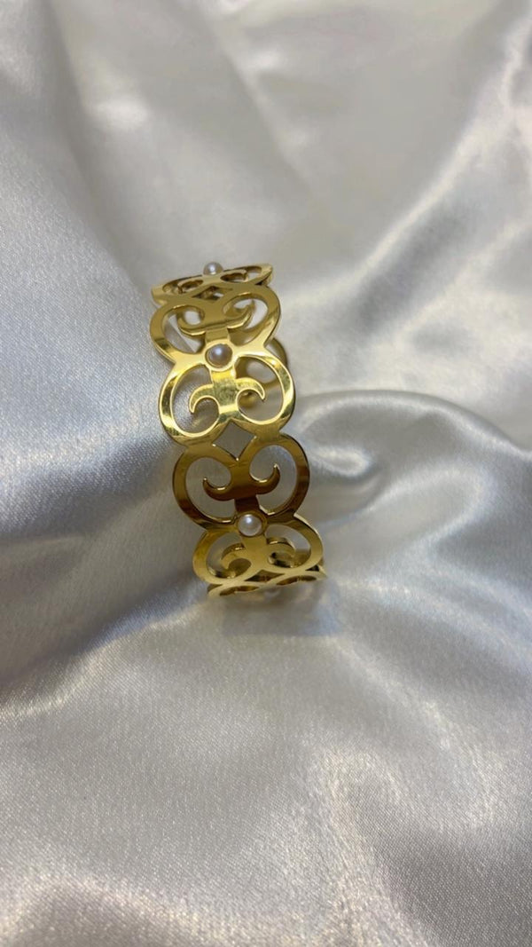 Golden Pearl Scroll Cuff Bracelet